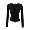Top Interior Dulce y Elegante para Niñas, Diseño de Encaje para Mujer Cuello de Encaje Camiseta de Manga Larga con Cordones Camiseta Básica Ajustada