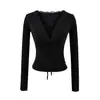 Camiseta de Renda com Decote em V e Cadarço Estilo Pure Lust para Mulheres Coreana Sexy Slim para Usar por Baixo Top Curto Estilo Ocidental