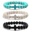 Pulsera de Turquesa Negra Transfronteriza, Pulsera de Cruz, Pulsera de Piedra Volcánica Mate, Pulsera Elástica de Yoga en Stock