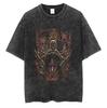 Camiseta de manga corta con estampado de batik lavado, estilo vintage de calle principal, de gran tamaño y con estampado de anime japonés gigante
