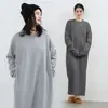 Japão Lotte Primavera e Outono Estilo Preguiçoso Emagrecimento Vestido Suéter Feminino Novo Solto Para Cobrir Gordura Bolso Vestido Longo Cor Sólida dress