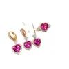 Runxin Nuevo Corindón Rojo Forma de Corazón Anillo Abierto Totalmente Diamantado para Mujer Moda Hebilla de Oreja Set de Collar Regalo del Día de San Valentín