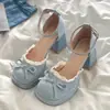 Sandálias de Salto Alto Novas Primavera/Verão 2026 Vazadas Doce Francês Renda Laço Salto Bloco Sapatos Mary Jane para Mulheres