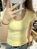 Camiseta Casual Rosa Claro de Cuello en U Manga Corta para Mujer, Verano Ajustada Estilo Puro Deseo Camiseta Base Versátil