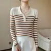 Suéter de tricô listrado retrô estilo francês para mulheres, outono e inverno, slim fit, gola polo única, suéter para usar por baixo