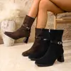 Botines de punta cuadrada y tacón grueso para mujer, nueva colección otoño/invierno 2026, estilo británico, gamuza, elásticos, botines de tacón alto, elegantes y estilizados