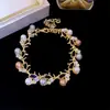 Pulseira de Rede Azul Dourada com Flor de Vidro Pérola Zircônia Brilhante Pulseira Elegante de Luxo Leve Joia de Mão Versátil da Moda