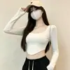 Camiseta de Manga Larga para Mujer, Nuevo Estilo Otoñal, Estilo Coreano, Top de Cuello Redondo Irregular, Estilo Corto Ajustado 'Hot Girl', Camiseta Interior Sexy que Muestra el Ombligo