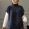 Novo Estilo Outono e Inverno 2026 Colete Tricotado de Lã Pura com Borda Enrolada e Gola Meia-Alta com Botões Laterais Cor Sólida Colete Solto para Mulheres