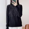 Cross2026 Otoño/Invierno Nuevo Suéter de Punto de Cuello Medio Alto de Manga Larga para Mujer Color Sólido Lentejuela de Perlas Taladro Caliente Jersey Camisa Base Superior