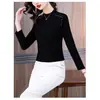 Camiseta térmica acanalada para mujer de 270 g, nueva y elegante para otoño e invierno, con cuentas, de manga larga y cuello medio alto