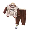 Nuevo Conjunto de Dos Piezas de Moda Casual para Niños, Pantalones Largos de Manga Larga con Cuello Redondo, Bloques de Color Primaverales y Otoñales, Cabeza de Panda Tridimensional, Venta al por Mayor