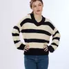 Diseño Original Otoño e Invierno Nuevo Estilo Cuello en V Rayas Holgado Engrosado de Moda Versátil Suéter Grueso para Mujer Corte Holgado