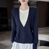 Suéter de punto fino de lana, delicado, suave, falso dos piezas, en capas, cuello redondo, simple, versátil, temperamento primavera otoño, top casual para mujer
