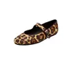 Mesmo Estilo em Versão de Couro Bovino, Sapatos Planos Redondos Retro de Nicho com Estampa de Leopardo e Boca Rasa, Estilo Ballet Mary Jane para Mulheres