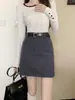 Falda midi estilo traje gris para mujer, colección primavera/otoño, de cintura alta, falda corta, estilo 2026, línea A, adecuada para figuras petite, con cinturón y un diseño que se ajusta al cuerpo