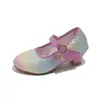 Nuevos zapatos de cristal para niños de primavera y verano, zapatos de tacón alto para niñas, zapatos de cuero de princesa para actuación, zapatos planos coloridos brillantes de suela suave, modernos