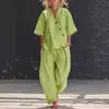 Conjunto de Moda Casual Transfronteiriça Europeia e Americana para Mulheres 2026, Cor Sólida, Gola V, Manga Curta Solta e Calça Longa com Gola Reversível