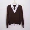 Suéter em camadas elegante e simples, conjunto falso de duas peças para mulheres, novo top cardigã de lã de manga comprida estilo coreano suave para outono e inverno
