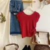 Diseño de Verano Único y Elegante con Cordón Irregular Nuevo Top de Punto de Manga Corta con Cintura Ajustada de Seda Helada Cuello Redondo Top Adelgazante