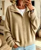 Coleção nova outono/inverno 2026 transfronteiriça europeia e americana: cardigã de tricô feminino, de caimento solto, cor lisa, estilo casual, com zíper e gola alta