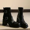 Versión de Cuero Suave~Botines de Tacón Alto Punta Redonda Estilo Británico Cremallera Trasera Botas Retro Adelgazantes Tacón Grueso Botas Martin para Mujer