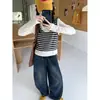 Conjunto Casual de Otoño para Niña: Conjunto de Dos Piezas Grande para Niñas Estilo Coreano, Blusa Falsa de Dos Piezas y Pantalones de Pierna Ancha de Mezclilla para Primavera-Otoño