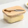 Manteigueira Estilo Ocidental Pet+Espátula de Madeira de Bambu com Tampa Pote Hermético Retangular para Conservação de Queijo Doméstico Queijo Doméstico