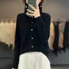 Cardigã de lã feminino de alta qualidade com estampa floral, gola redonda, corte solto, abotoado, tricô casual, peça externa branca