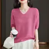 Camisa de Punto Hueco de Manga Corta de Verano para Mujer 2025 Nueva Moda Transpirable Cómoda Delgada con Cuentas