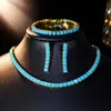 Conjunto de Três Peças de Colar Quadrado Azul Turquesa de Alta Qualidade, Corrente para Clavícula Elegante e de Luxo Leve com Zircônia Azul Conjunto de Joias Femininas