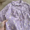 Pijama de duas camadas de gaze com estampa de patinho roxo, lapela, manga longa e calça longa para mulheres, conjunto fofo de algodão em gaze, modelagem solta para casa