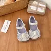 Elegantes mocasines de pedrería para niñas, nueva colección primavera/otoño 2026, zapatos pequeños de cuero estilo princesa dulce con adornos de perlas, planos de punta poco profunda