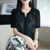 Top base de verano para mujer, nuevo, de seda helada, fino, con calados de ganchillo, cuello en V, manga corta, estilo francés retro, holgado, adelgazante