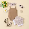 Macacão de Verão Transfronteiriço para Bebê Menina com Listras e Estampa de Alfabeto Triângulo, Conjunto de Shorts com Estampa de Frutas e Turbante