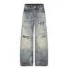 G60073 High Street Estilo Americano Unisex Moderno Estampado de Leopardo Patchwork Diseño Desgastado Jeans Sueltos de Calle para Hombre