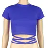 Venta caliente de verano Ins europeo y americano nuevo sexy camiseta ombliguera para mujer con tiras de encaje, top ajustado adelgazante con cordón, manga corta