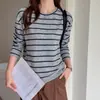 Camiseta de Manga Longa Listrada Escovada Outono/Inverno Estilo Coreano Roupas Femininas Camisa Camada Base Camada Interna Camada Externa Simples de Alta Qualidade