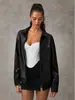 Chaqueta de Cuero Elegante de Color Sólido con Solapa 2025 Nuevo Estilo Primavera y Verano Personalidad Bolsillo Grande Cremallera Cárdigan Top