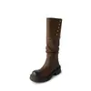 Outono e inverno 2024 novas botas de cano alto plissadas estilo terra suja, sola grossa, botas de cavaleiro altas, botas femininas de salto grosso pequenas