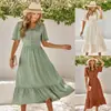 EBay Independent Station 2023 Casual Mulheres Europeias e Americanas Verão Novo Decote em V Manga Folha de Lótus Cor Sólida Vestido Feminino