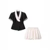 Blusas de Manga Corta de Comercio Exterior, Estilo Francés, Estilo Europeo y Americano, Falda Floral de Gama Alta al por Mayor, Conjunto de Dos Piezas con Bloques de Color Transfronterizo
