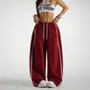 Pantalones de chándal anchos de estilo retro americano para mujer, con doble raya blanca, cordón, cintura elástica, casual, largos, para street dance hip-hop