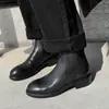 Botas Chelsea Básicas Versáteis Estilo Britânico Couro Bovino Salto Grosso Médio Bico Redondo Couro Genuíno Zíper Traseiro Botas Curtas para Mulheres