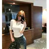 Maquillaje Ligero Estilo Inteligente Camiseta de Manga Media Texturizada con Botones y Costilla para Mujer, Corte Ajustado, Top Adelgazante, Verano 26197