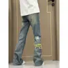 Jeans de Hombre Lavados Rasgados con Parche Paisley Retro Americano Estilo High Street Pantalones Rectos Ajustados