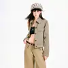 Traje de mezclilla transfronterizo, chaqueta para mujer, ligeramente acampanada, estilo retro americano, chaqueta caqui, pantalones largos color café y marrón, longitud extendida color café y marrón