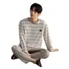 Pijama para Hombre de Modal Estilo Primavera y Otoño Manga Larga Pantalón Largo Color Sólido Cuello Redondo Pulóver Sencillo Casual