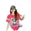 Camiseta de Algodón Puro con Estampado de Dibujos Animados Estilo Dulce para Mujer, Estilo de Celebridad de Internet de Moda, Diseño Tie-Dye Color-Blocking Súper Popular, Corte Holgado para Figuras Pequeñas