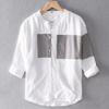 Camisa Masculina de Verão Manga Curta Gola Careca Algodão Linho Cor Colorblock Manga de Sete Pontos Moda Versátil Bonita Blusa de Linho